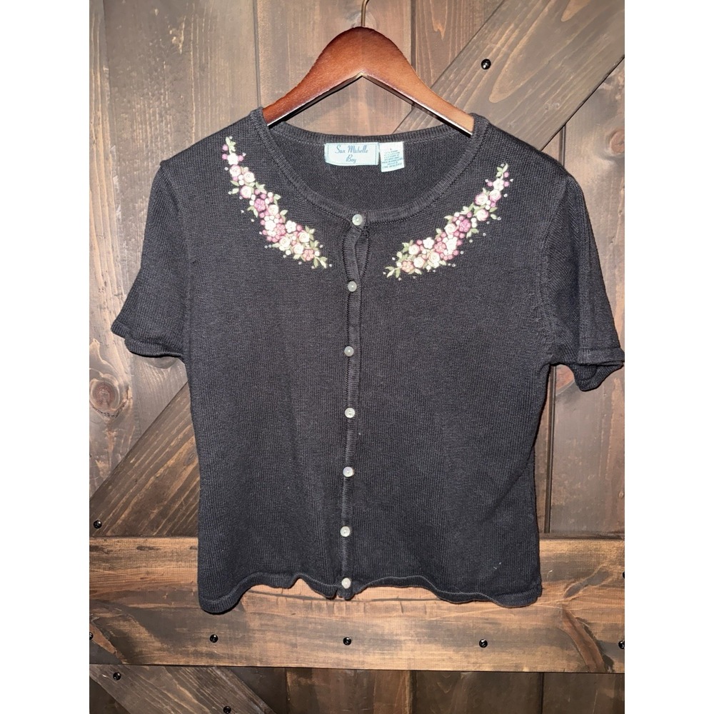 VTG San Michelle Bay Women's Sz‎ Large Black Cardigan Sweater Beaded Flowers